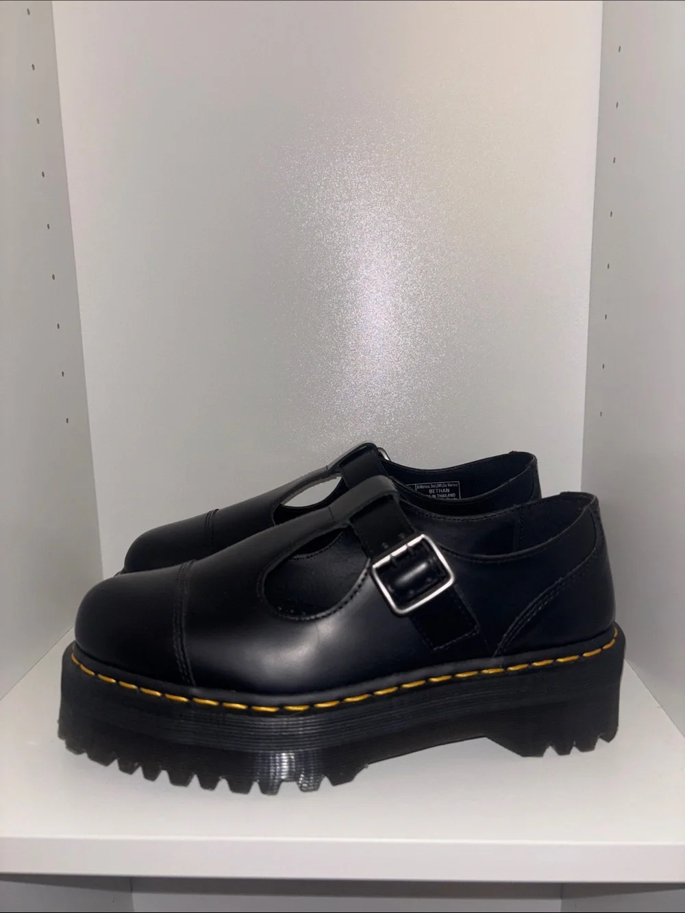 Dr. Martens Black Mary Jane Platform Shoes with Yellow Stitching